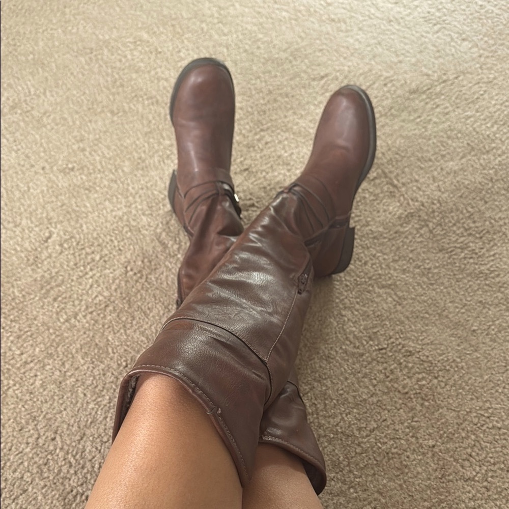 Justfab Brown Pleather Knee-High Fur Boots
